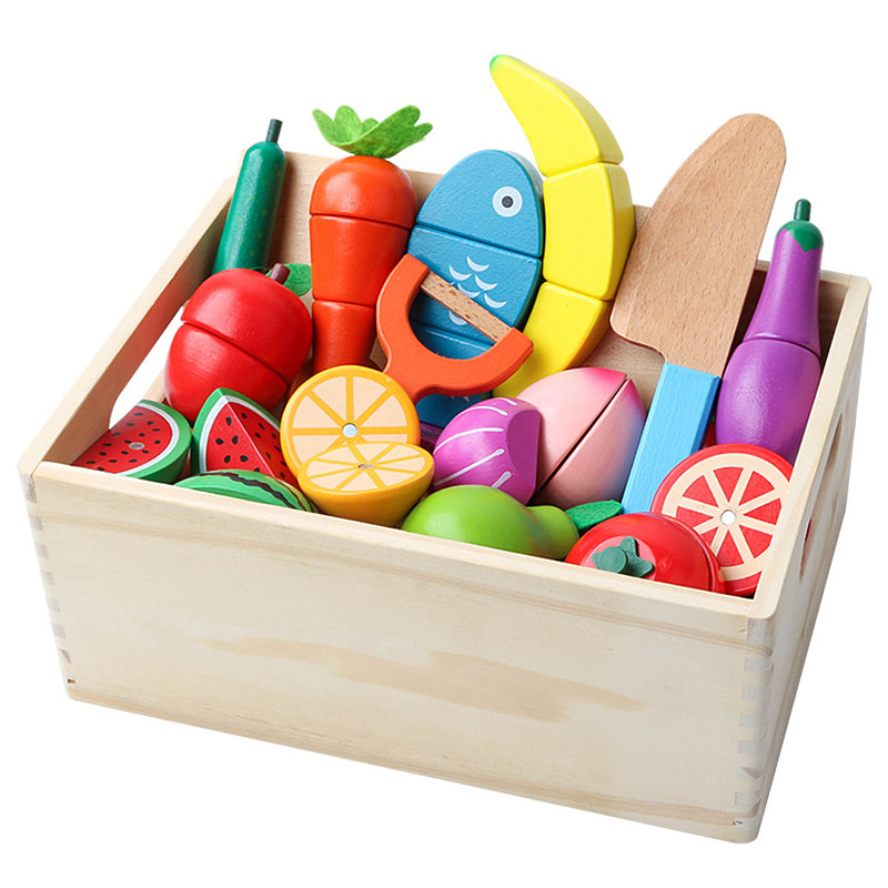 Baby Montessori Wooden Toy Cutting Fruit Vegetable Play Miniature Food Kids Wooden Baby Early Education Real Life Kitchen Toys (باللغة الإنجليزية)